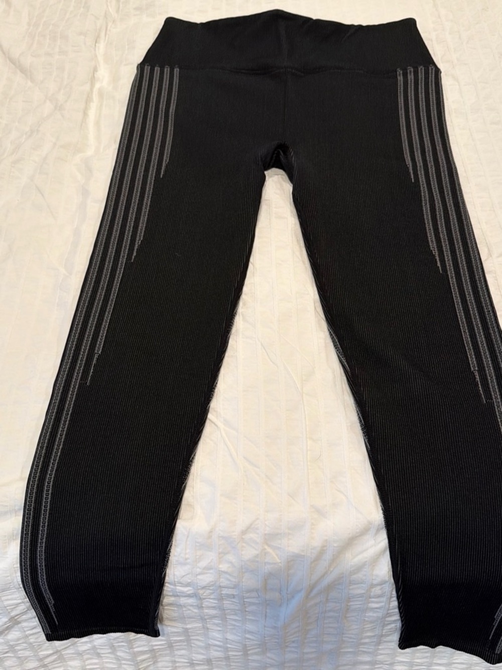 Fabletics Black Ribbed Leggings with Gray Contrast Stitching